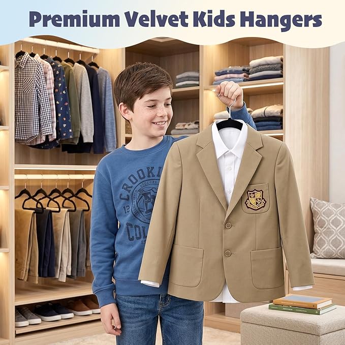 HOUSE DAY 14 Inch Kids Velvet Hangers 100 Pack, Durable Big Kid Hangers for Youth, Teen, Non Slip Kids Felt Hanger, Cute Childrens Hanger for Closet, Black