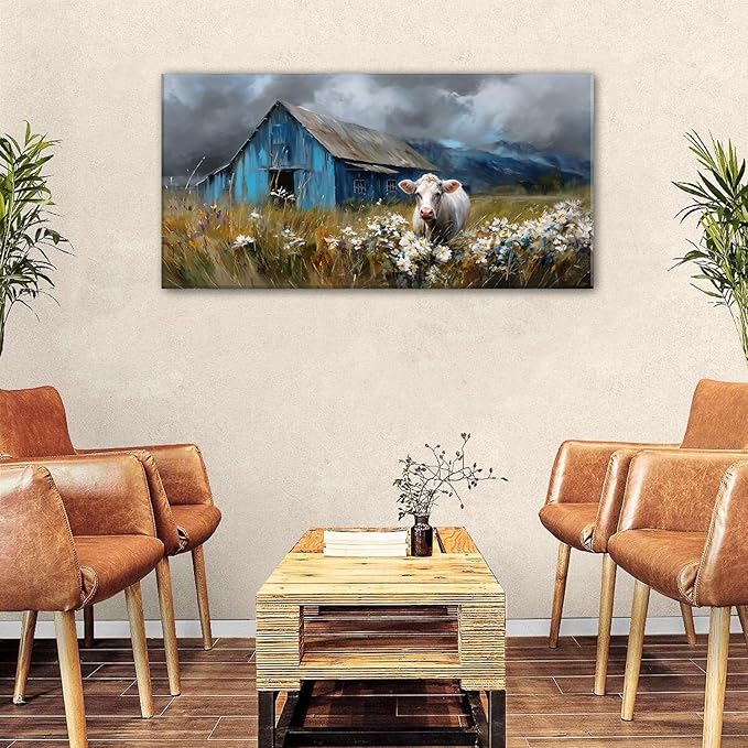 AIYISU Farmhouse Cow Wall Art Rustic Barn Landscape Pictures Wall Decor Blue Barn Wildflower Field Canvas Prints Country Farm Animal Artwork for Living Room Dining Room Bedroom Home Decoration 24x48