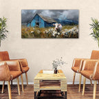 AIYISU Farmhouse Cow Wall Art Rustic Barn Landscape Pictures Wall Decor Blue Barn Wildflower Field Canvas Prints Country Farm Animal Artwork for Living Room Dining Room Bedroom Home Decoration 24x48
