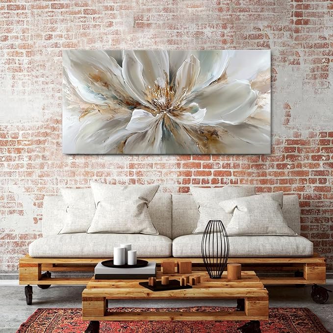 Flower Wall Art Vintage White Floral Canvas Pictures Abstract Blooming Flower Prints Painting Large Abstract Botanical Blossom Wall Decor Elegant Artwork Bedroom Living Room Decoration 29.53x57.87"