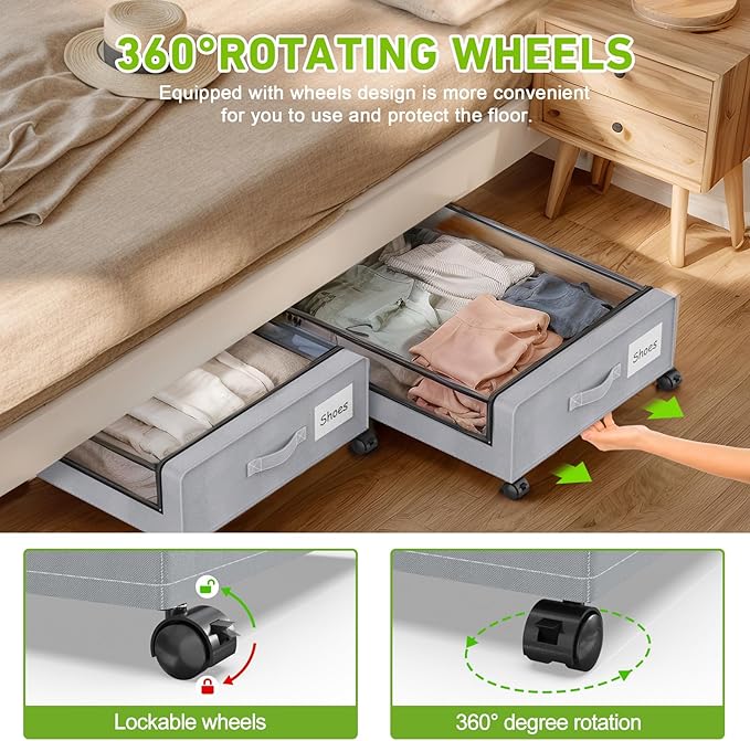 Under Bed Storage with Wheels, 2-Pack Underbed Storage Containers with Clear Lids, Under Bed Shoe Storage Organizer Bins, Rolling Under Bed Storage for Clothes Shoes Blankets (Grey)