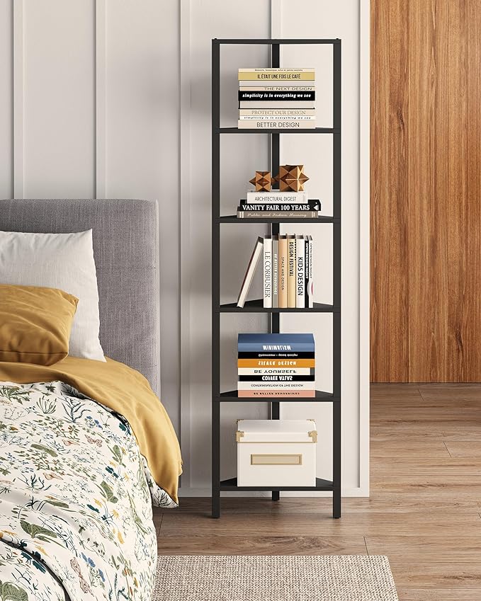 TUTOTAK Corner Shelf, 6-Tier Corner Bookshelf for Small Space, Narrow Display Corner Shelf Stand with Storage Rack, for Living Room, Bedroom, Black BS05BK006