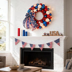 HipTree 16 Inch Patriotic Ball Wreath for Front Door with Lights, 4th of July Wreath with Red White Blue Stars & Ribbon for Memorial Day, Independence Day,Veterans Day, Flag Day,Summer Decorations