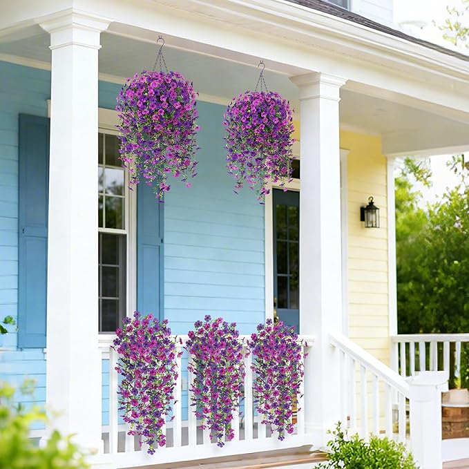 2Pcs Fake Hanging Flowers for Outdoor Decoration Artificial Hanging Flowers Realistic Daisy Plants UV Resistant, Faux Silk Flower for Porch Patio Window Sill Outside Decor(Purple Deep Purple)