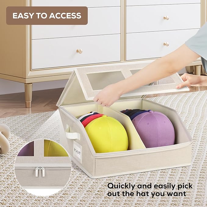 2 Pack Hat Storage for Baseball Caps-Holds Up to 48 Caps, Hat Organizer for Closet Stackable Hat Box with Cardboard, Dustproof Baseball Cap Organizer with 2 Handles for Home Travel (Beige, 2Pack)