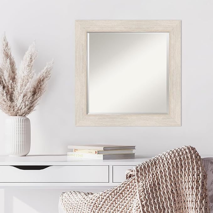 Amanti Art White Wall Mirror 25x25 Hardwood White Wash Square Bathroom Mirror for Wall Decor Living Room, Medium Country Rustic Wood Frame, Hangs Horizonally and Vertically, Bathroom Decor, Beveled