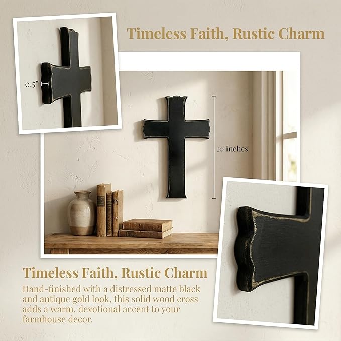 Black Wooden Cross Wall Decor, Religious Cross Gifts With Hook on Hanging Wall Or Table, Confirmation Cross Gift, Baptism Gifts, Rustic Home Church Room Crosses Décor, 10x6.5 IN