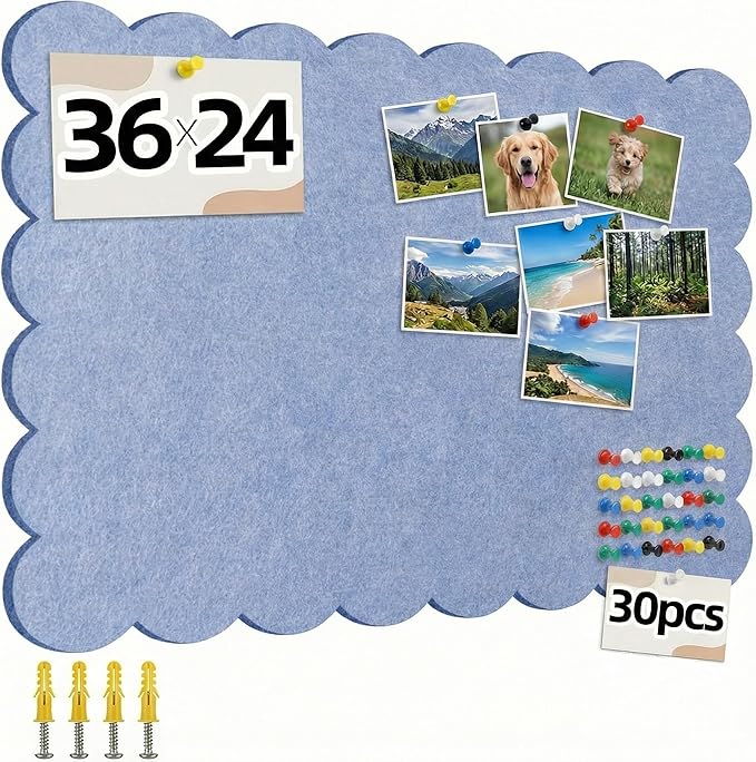 Scalloped Felt Board 36x24 Inches - Self-Adhesive Foldable, with 30 Pushpins, Cork Board Alternative - Decorative Pin Board for Wall, Home, Office & School (Light Blue, 36"x 24")