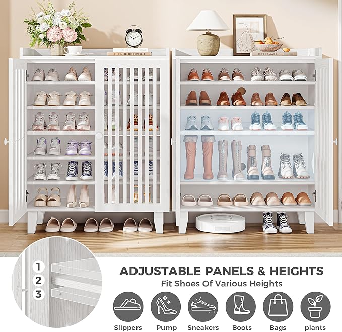 IRONCK Shoe Cabinet with Slatted Doors, 6-Tier Shoe Storage Cabinet with Adjustable Shelves, Wooden Shoe Rack Organizer for Entryway, Hallway, Closet, Living Room, White