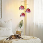 QIYIZM Pink Floor Lamp for Living Room,Bedroom,Gold Mid Century Modern Standing Lamp Brass Tree 3 Light Tall Floor Lamps Vintage Retro Floor Lights Glass Flower Lamp Shade Farmhouse Boho Bohemian