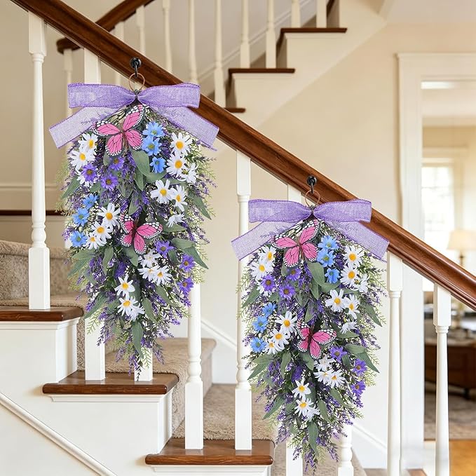 23" Lavender Teardrop Swag Wreath 2Pcs Spring Summer Swags for Front Door Faux Lavender Teardrop Swag with Butterfly Purple Wreath for Porch Wall Window Farmhouse Wedding Home Decor