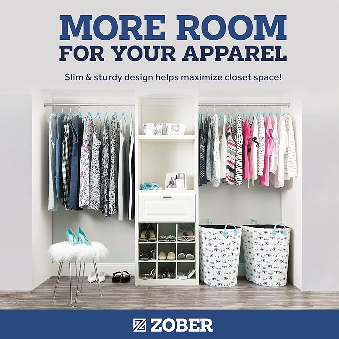 ZOBER Turquoise Velvet Hangers 50 Pack - Clothes Hangers, Coat Hanger for Pants & Dress Clothes - Non Slip w/ 360 Degree Swivel, Holds up to 10 lbs - Strong Felt Hanger for Clothing