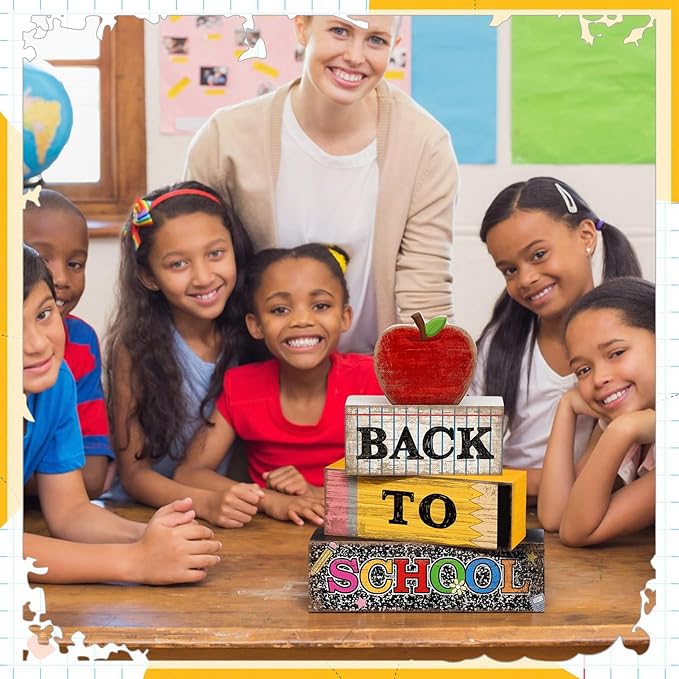Lineshading 4 Pcs Back to School Table Decorations Retro Red Apples Decor Back to School Tiered Tray Decor Apple Centerpieces Rustic Wood Pencil Block Sign Farmhouse Gifts for Class Party Home Shelf