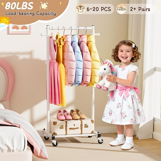 MISSLO Kids Clothing Rack for Small Space Kids Dress Up Storage with Shelf Short Baby Clothes Rack for Hanging Clothes & Dance Costumes Small Garment Rack for Closet, Wardrobe, White