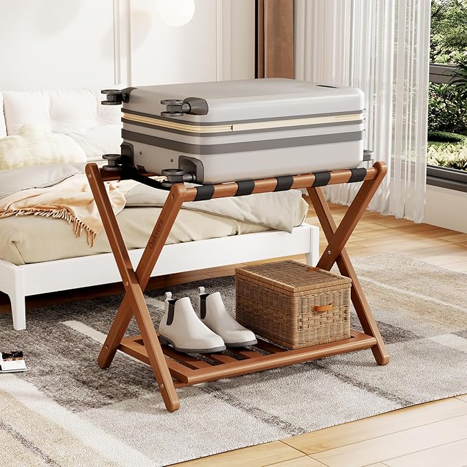 Full Assembled 26.77"L Luggage Rack Set of 1 - Luggage Stand for Guest Room, Foldable Suitcase Stand with Shoe Shelf, Luggage Holder for Suitcases, Bedroom, Hotel (Walnut Bamboo Suitcase Holders)