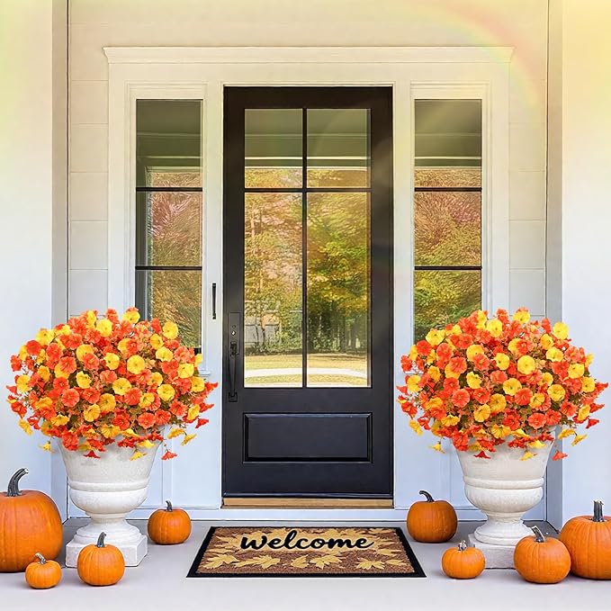 MARTINE MALL 12 Bundles Artificial Fall Mums Flowers for Outdoors, Faux Mums for Outdoor Planters, UV Resistant Fall Flowers Artificial for Outdoors Front Porch (Orange & Yellow)