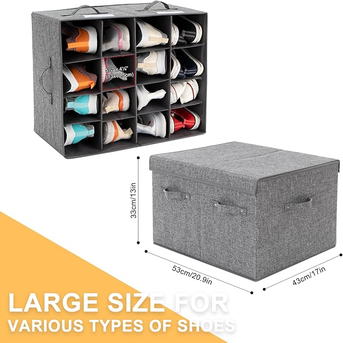 Shoe Organizer for Closet Fits 16 Pairs, Large Shoe Storage Box Bins Containers with Lid and Adjustable Dividers for Shoes, Sneakers and High Heeled, Hard Shell and Stackable (Grey)