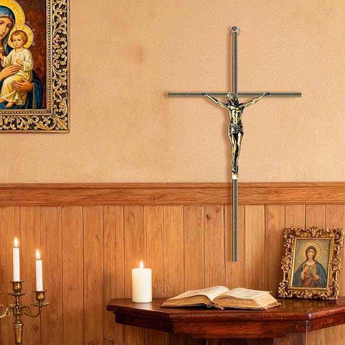 KUXBET Catholic Crucifix Wall Cross, 24.5 inch Metal Jesus Christ Cross, Handmade Hanging Wall Décor for Home, Religious Devout Give Faith Gift (24.5inch, Vintage)