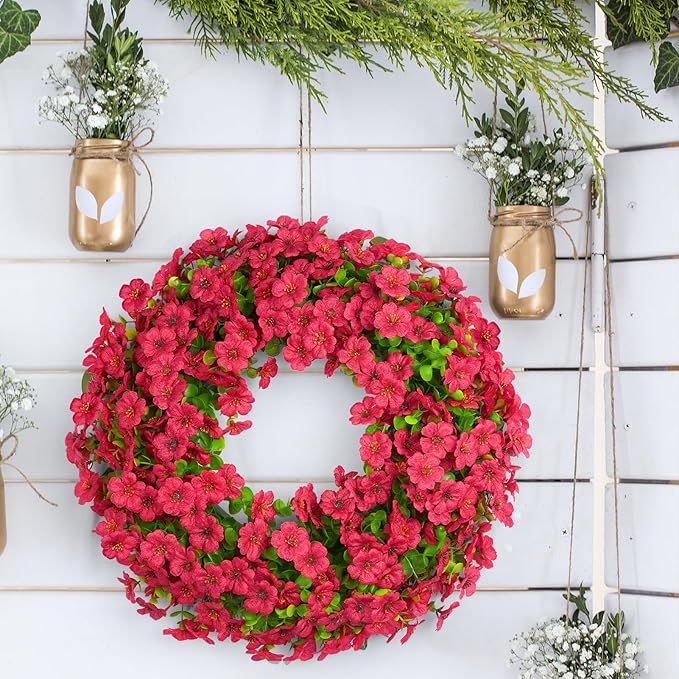 20 Inch Spring Summer Floral Wreath, Violet Artificial Silk Flowers with Green Eucalyptus Leaves, Farmhouse Faux Greenery Wreath for Front Door Outdoor Wall Wedding Home Decor