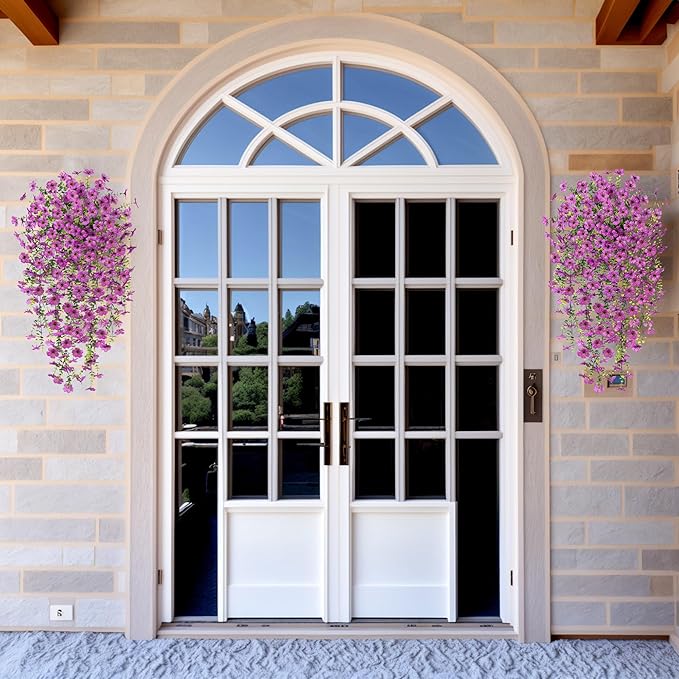 Artificial Hanging Flowers for Outdoors Fake Plants Decoration, 2 Packs Faux Silk Daisy Flower Realistic Outdoor Flowers UV Resistant Porch Patio Window Yard Indoor Spring Decor(Purple)