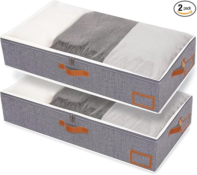 Yawinhe Pack of 2 Underbed Storage Bags, Foldable Clothes Storage with Clear Window, for Duvets, Clothes, 80 x 40 x 15 cm, Grey
