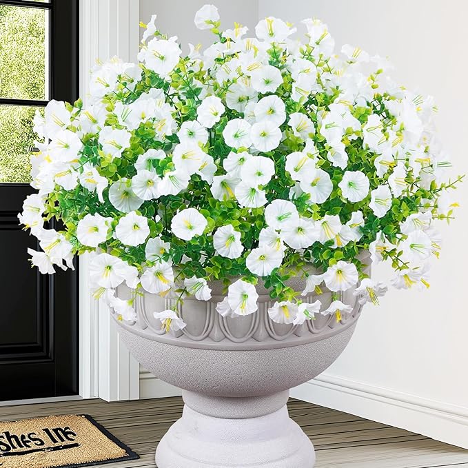 MARTINE MALL 24 Bundles Look Real Artificial Flowers for Outdoors, Realistic Fake Outdoor Flowers, UV Resistant Silk Petunia Flowers for Outside Faux Flowers Plants for Outdoor Porch, White