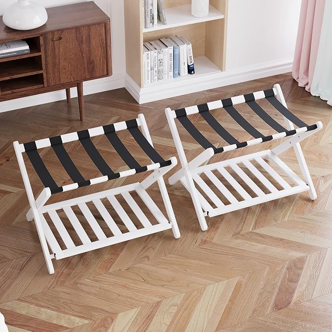 Smuxee Fully Assembled White Luggage Rack Pack of 2, Bamboo Foldable Suitcase Stand with 5 Nylon Straps, Luggage Holder with Shelf for Guest Room Bedroom Hotel