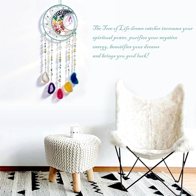 Large Dream Catchers, Chakra Tree of Life Dreamcatcher with Rainbow Healing Crystal Agate Suncatcher for Windows Hangings Prism Decoration Gifts for Adult Boys Bedroom Garden Room Decor