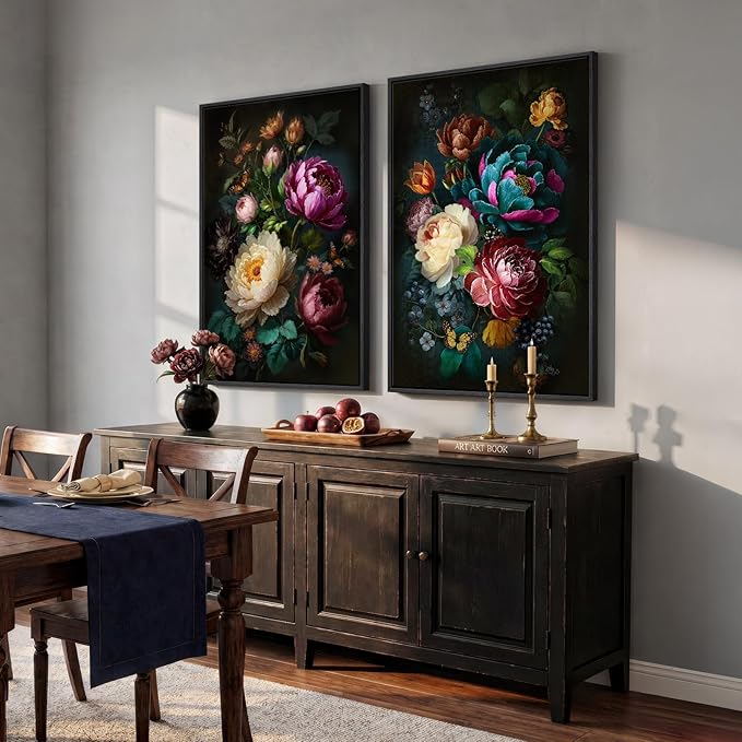 Large Framed Vintage Floral Wall Art Set of 2, Colorful Rustic Farmhouse Botanical Canvas Prints, Moody Cottage Core Peony Flower Pictures Wall Decor for Living Room Bedroom Dining Room, 24x36