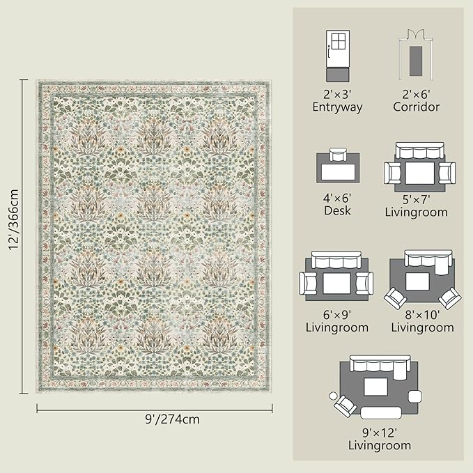 9x12 Washable Area Rug, Soft Non Slip Low Pile Rug for Living Room, Bedroom, Large Dining Room, Vintage Floral Design, Stain Resistant Carpet