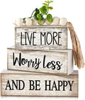 Moucuny 4 Pcs Inspirational Farmhouse Table Decor Rustic Stacked Wooden Block Sign - Live More Worry Less Be Happy Centerpieces Set with Beaded Tassel and Artificial Plant for Home, Office, Shelf Gift