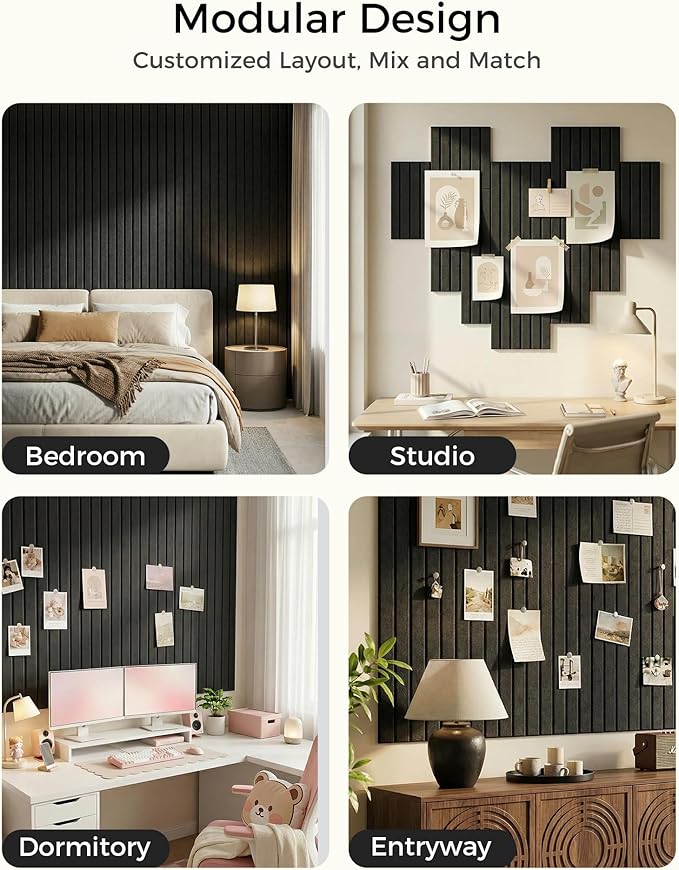 Aothia 12-Pack Felt Bulletin Board Tiles 48"x36", Modular Pin Board for Smooth Walls, Cork Board Alternative for Notes & Photos, 0.35" Thick, 70 Adhesive Tabs & 40 Pins, Black