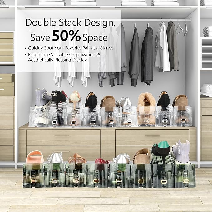 Yes!Fresh Shoe Slots Organizer, Boutique Display Style Shoe Stacker for A Pair of Shoes, Separable Shoe Rack for Closet Organization, 3 Adjustable Narrow Shoe Rack (Clear, 4 Pack)