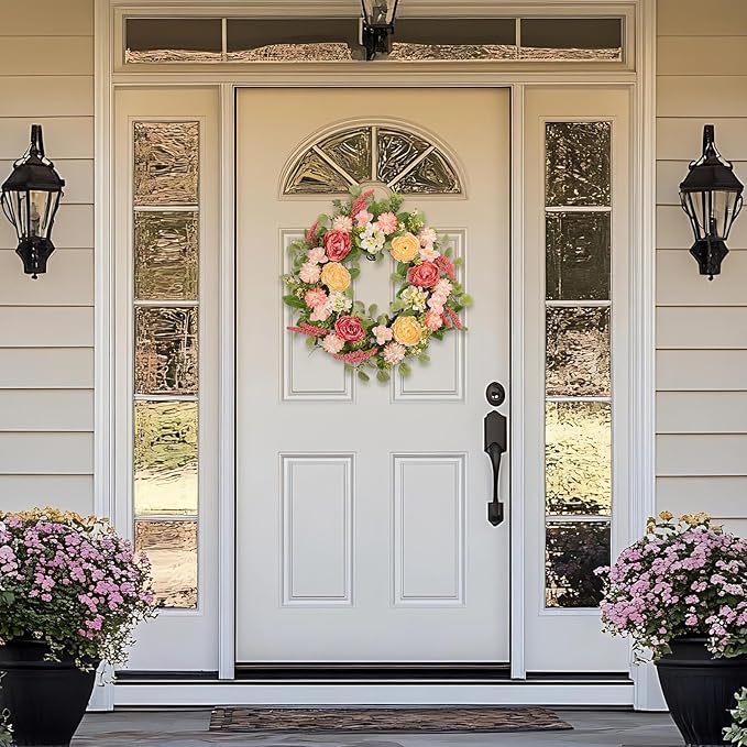 22 Inch Spring Summer Wreath for Front Door, Realistic Silk Peony & Hydrangea Wreath with Yellow Pink Flowers Grain Stems, Artificial Floral Wreath for Indoor Outdoor Porch Wall Farmhouse Decor