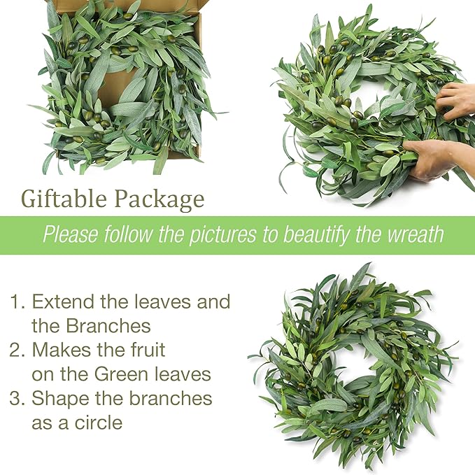 Olive Wreath for Front Door 22 inch, Greenery All Season Wreath with Olive Leaf Fruit, Home Decoration for Outdoor Living Room Indoor Wall and Outside Summer All Season Wedding