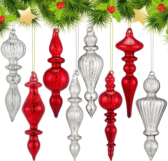 Mifoci 8 Pcs 6 Inch Mercury Glass Finial Christmas Ornaments Hanging Christmas Finials Glass Ornaments Assorted Mercury Decor for Vintage Holiday Xmas Tree Decoration(Red, Silver)