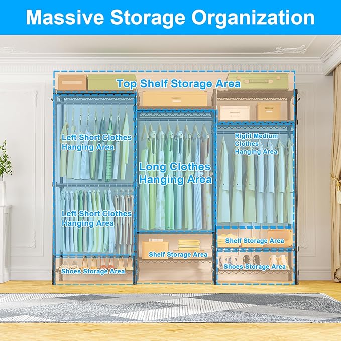 Ulif E13C Heavy Duty Closet Organizer System，Freestanding Clothing Racks for Hanging Clothes，Adjustable Garment Rack 63" W x 16" D x 77" H Hold 960 lbs，Black Clothing Rack with Black Dustproof Cover