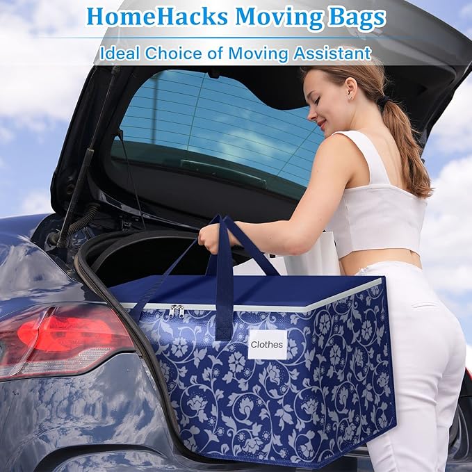 HomeHacks Moving Bags, Extra Large Size Moving Boxes, Heavy Duty Luggage Bags with Smooth Zipper and Sturdy Handles, Large Capacity & Easy Loading Storage Totes for Space Saver 125L, 6-Pack, Blue