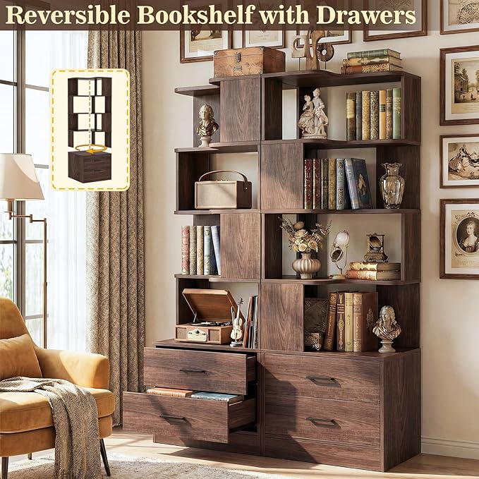 Armocity Corner Bookshelf with Drawers, 7 Tier Corner Book Shelf Display Bookcase, Freestanding L Shaped Bookshelf for Bedroom, Home Office, Black Walnut