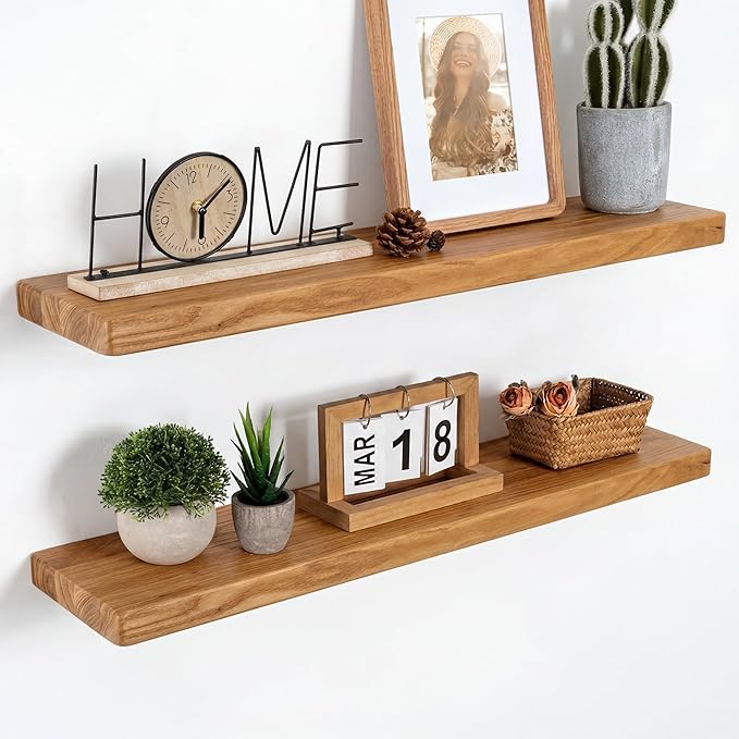 Marsmiles 30 inch Floating Shelves for Wall Solid Elm Wood Shelves|Rustic Wall Mounted Shelves with Heavy-Duty Invisible Bracket for Bathroom Living Room Kitchen|Rounded Edge Design|Natural, 2 Pack