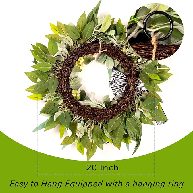 Lambs Ear Wreaths for Front Door All Season Home Decor Pocrh Wall, 20" Green Handmade Farmhouse Spring Summer Wreath with Lavender Bow
