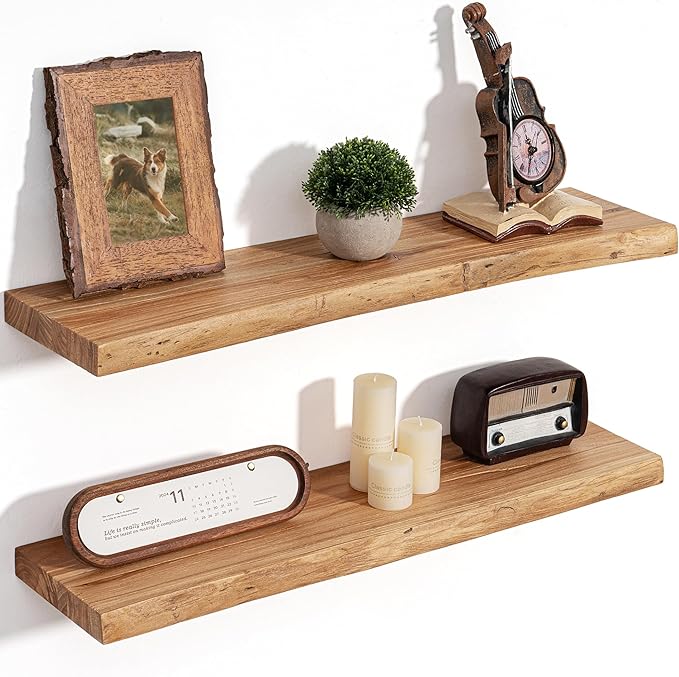Floating Shelves for Wall Decor, Rustic Solid Elm Wood Live Edge Floating Shelves Wall Mounted, Wall Shelves with Invisible Bracket for Living Room Bathroom Bedroom Kitchen, 30 Inch Set of 2, Natural