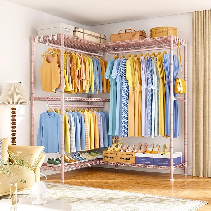 E15 Pro Garment Rack L Shaped Clothes Rack for Corner，Freestanding Clothing Racks for Hanging Clothes，Heavy Duty Closet System with 4 Hanging Rods & 8 S Hooks，48.8"W x 15.8"D x 78.4"H，Pink