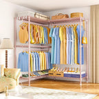E15 Pro Garment Rack L Shaped Clothes Rack for Corner，Freestanding Clothing Racks for Hanging Clothes，Heavy Duty Closet System with 4 Hanging Rods & 8 S Hooks，48.8"W x 15.8"D x 78.4"H，Pink