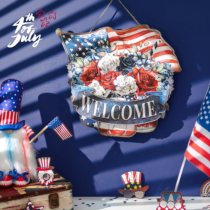 4th of July Decorations for Door: Fourth July Memorial Day Sign Patriotic Wreath Outdoor 12" Red White and Blue Decor Metal 250 Anniversary USA Large Wall Hanging Independence Vintage for Outside Indoor
