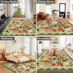 U'Artlines 6x9ft Vintage Floral Area Rug Machine Washable Ultra Soft Low Pile Non Slip Non Shedding Accent Floor Carpet for Living Room, Bedroom, Dining Room, Office (Green)
