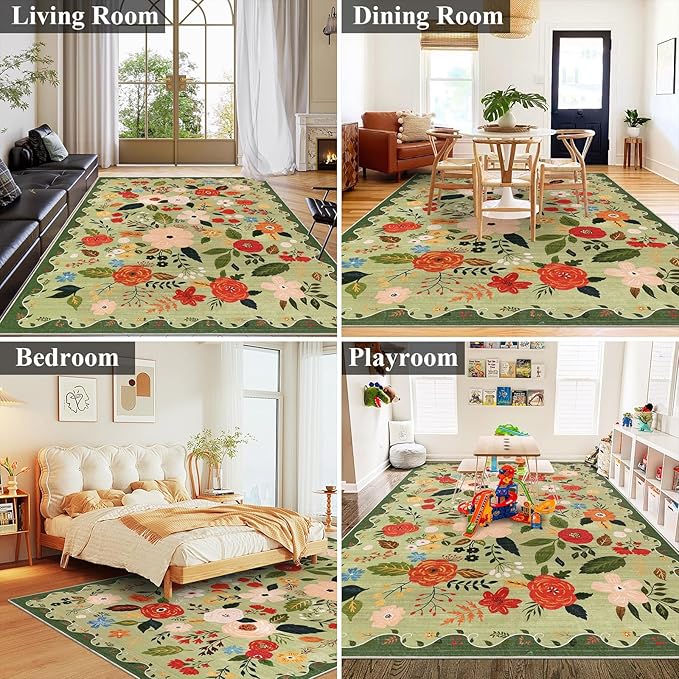 U'Artlines 6x9ft Vintage Floral Area Rug Machine Washable Ultra Soft Low Pile Non Slip Non Shedding Accent Floor Carpet for Living Room, Bedroom, Dining Room, Office (Green)