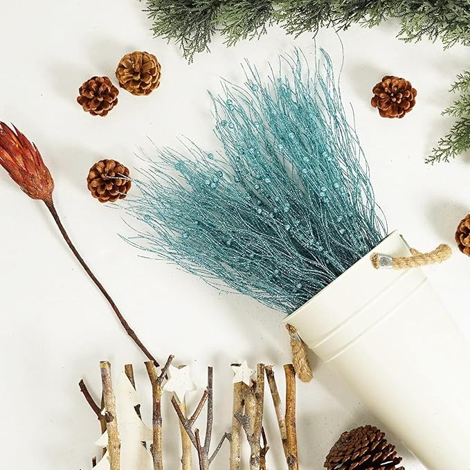 SLK 16-Pack Artificial Glitter Berry Stem Ornaments, Christmas Decorative Glittery Twigs, Picks, Branches for Tree, Wreath, Small Vase, Halloween Party (LightBlue)
