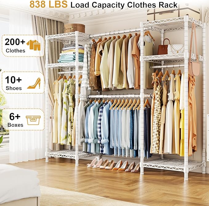 Ulif E7 Heavy Duty Garment Rack, Clothes Organizer and Storage Rack with Expandable Hangers, Metal Clothing Rack with 6 Wire Shelves, (52.3"-72") W x 14.5" D x 71.2" H, Load 838 LBS, White
