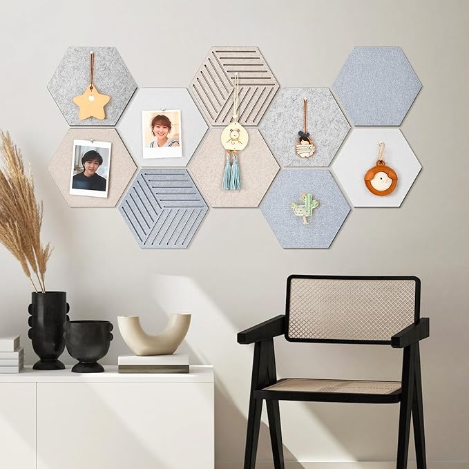 10PCS Hexagon Cork Board Tiles Alternative - 12x10 Inch Frameless Felt Bulletin Board for Wall, Adhesive Cork Board Tiles for Office & Home Decor, Sound Absorbing Pin Boards for Walls & Photos